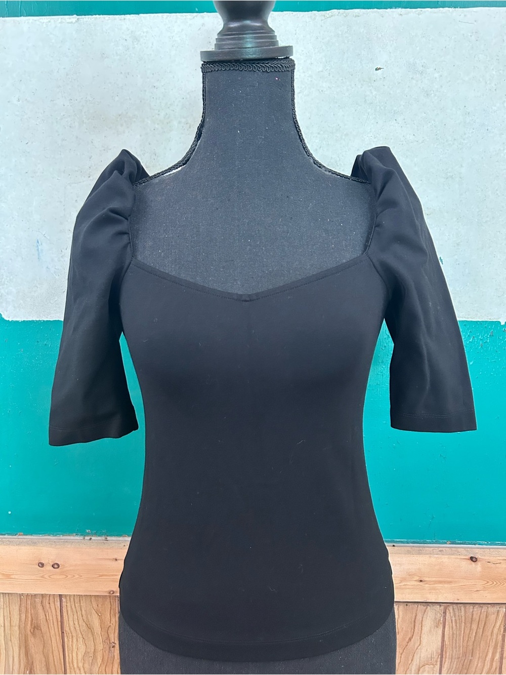 H&M Black Puff-Sleeve Square Neck Short Sleeve Top